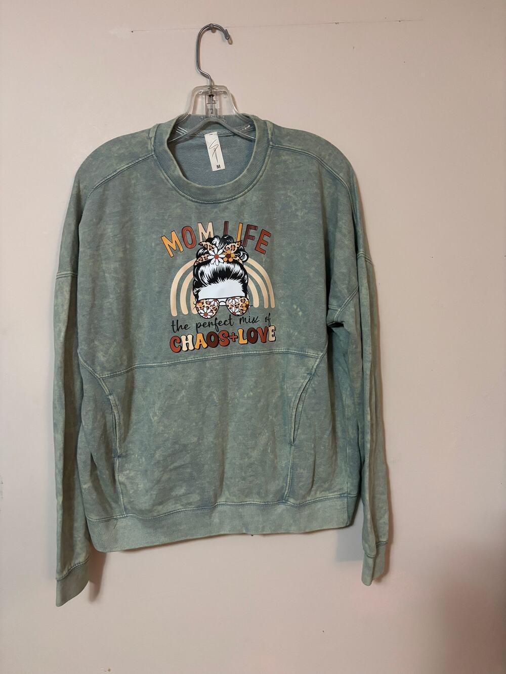 Custom made mom life acid washed crewneck sweatshirt with pocket nwt oversize